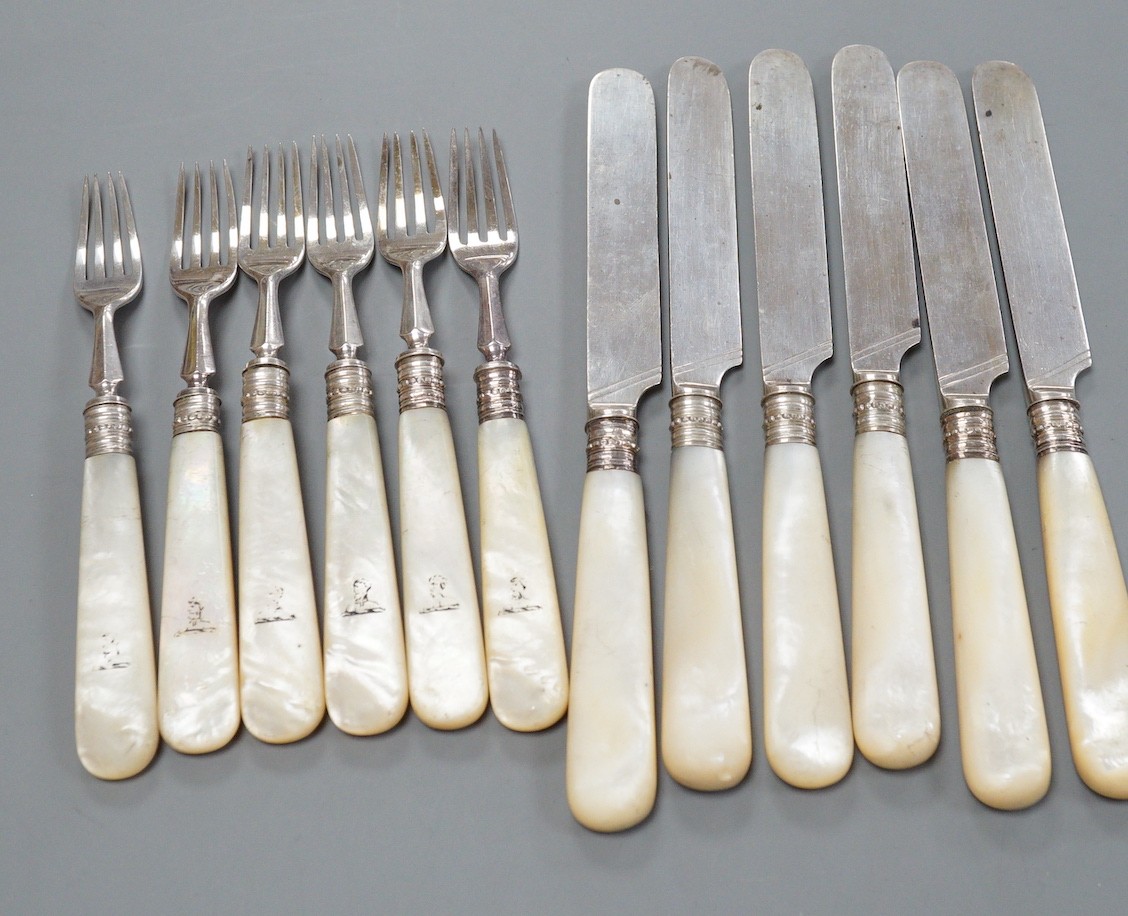 Six pairs of Victorian mother of pearl handled silver dessert eaters, Martin, Hall & Co, Sheffield, 1869/74, knife 20.6cm.